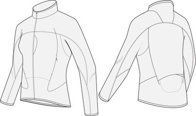 Women's sport jacket fashion illustration vector design template featuring anatomical panelling and ahoodless design with hidden zip closures and a slim fit.