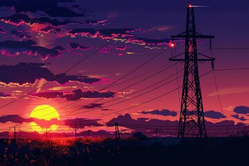 Silhouette of high voltage electric tower on stunning sunset sky background for sale - obrazy, fototapety, plakaty