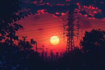 Silhouette of high voltage electric tower against a stunning sunset sky background - obrazy, fototapety, plakaty