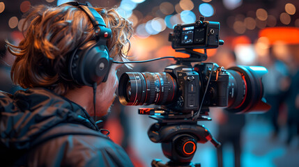 Cameraperson filming a live event, capturing the moment with professional video equipment. Media production and entertainment industry concept