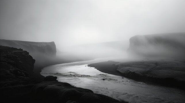 An ethereal black mist enveloping a serene landscape, evoking a sense of mystery and wonder, minimalist, real photo, stock photography ai generated high quality image