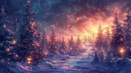 Fototapeta na wymiar watercolor Magical forest with christmas trees and glowing lights