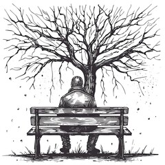 A sad and lonely man sits pensively under a tree. Man thinks about a problem. Time for reflection. Despair, depression or hopelessness concept. Black and white image. Illustration for varied design. - obrazy, fototapety, plakaty