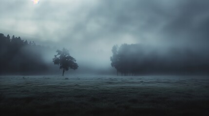 An ethereal black mist enveloping a serene landscape, evoking a sense of mystery and wonder, minimalist, real photo, stock photography ai generated high quality image - obrazy, fototapety, plakaty