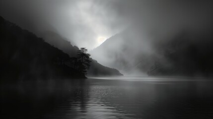 Fototapeta premium An ethereal black mist enveloping a serene landscape, evoking a sense of mystery and wonder, minimalist, real photo, stock photography ai generated high quality image