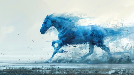  A high-resolution image of a blue horse galloping through a green meadow under clear, bright skies - obrazy, fototapety, plakaty