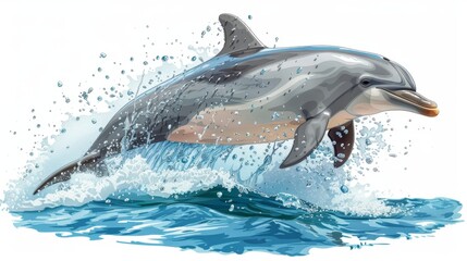  A dolphin leaping from the water with a spray of droplets on its back and its head above the surface