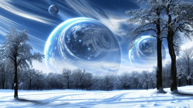  A snowy landscape painting with a central planet and trees in the foreground