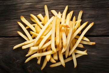 French fries displayed enticingly over a rustic wooden background