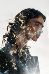 Stardust and Style: A model adorned with glittering jewelry is layered with a celestial landscape in a double exposure, creating an ethereal editorial image