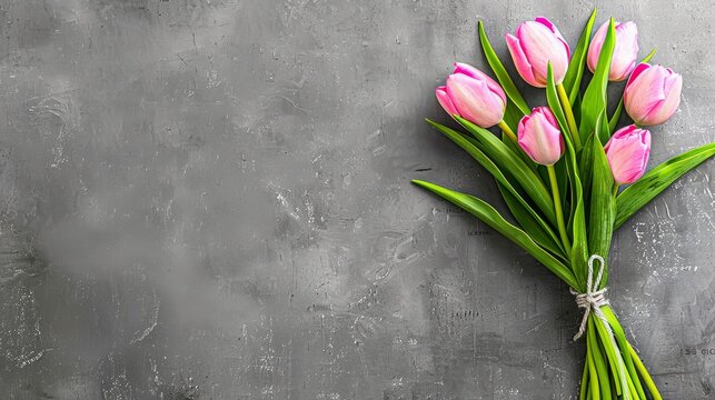 a bouquet of pink tulips tied with a string on a gray concrete background with copy space for text.