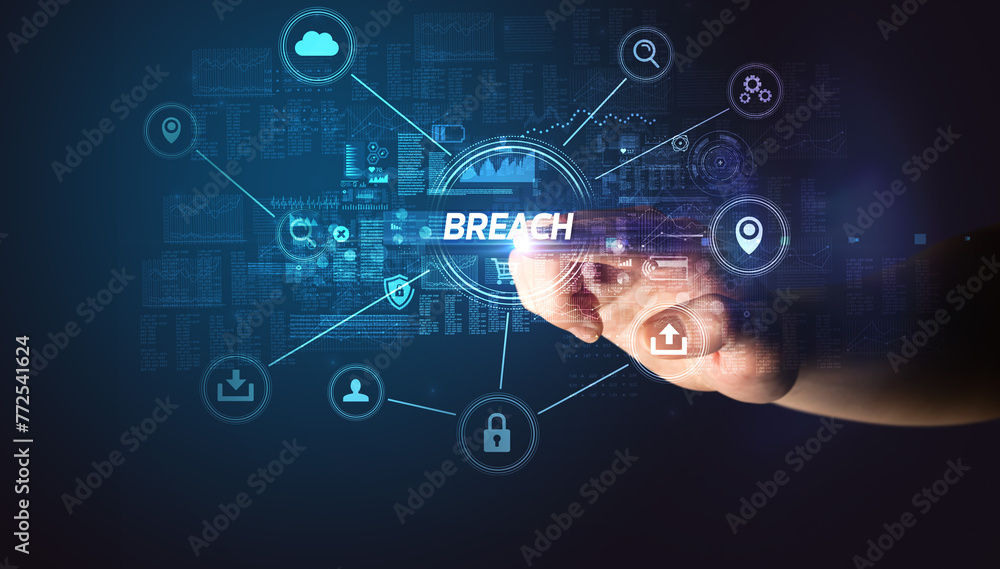 Aufkleber hand touching cybersecurity button