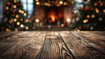 Wood table with blurry christmas tree and fireplace background with copy space - Powered by Adobe