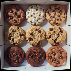 A collection of nine assorted cookies, each topped with a variety of different ingredients. The cookies are organized neatly in a square box.