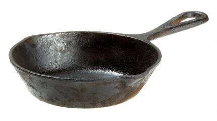 an old cast iron skillet with a wooden handle on a white background with a clipping path to the left of the cast iron skillet.