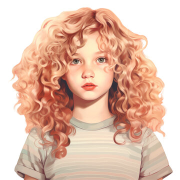 The young girls curly red hair frames her forehead as she wears a stylish striped shirt. The color accentuates her rosy cheeks and brings out the freckles on her nose on transparent