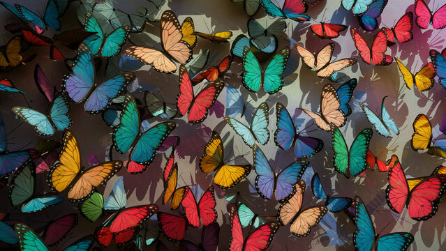 A group of vibrant, multi-hued butterflies fluttering together, their silhouettes projected on a nearby wall creating an enchanting display of shadows