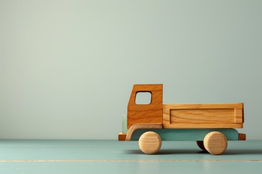 A wooden toy truck atop a table