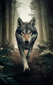 A large, digitally rendered image of a wolf is seen approaching through a forest pathway.