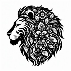 A black and white illustration of a lion with unique floral patterns integrated into its mane, for...