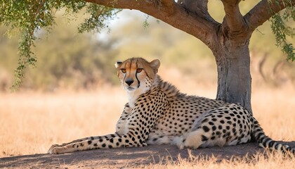 A Cheetah Resting In The Shade Of An Acacia Tree