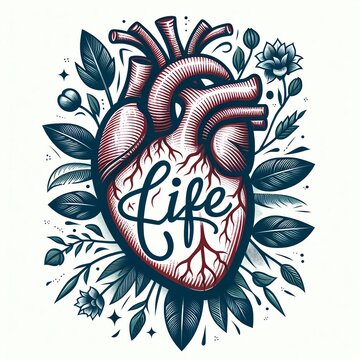 An image portraying a human heart, encapsulated by lush foliage. The word "life" is elegantly scripted across the heart.