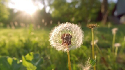 dandelion with flying seeds, AI-generated
