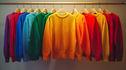 Different colored clothes on hangers on a wardrobe rack on a colored background Generated by Ai