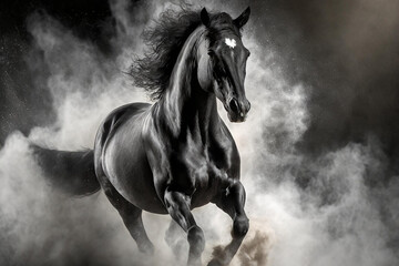 Obraz na płótnie Canvas A black horse running with a cloud of dust around him.