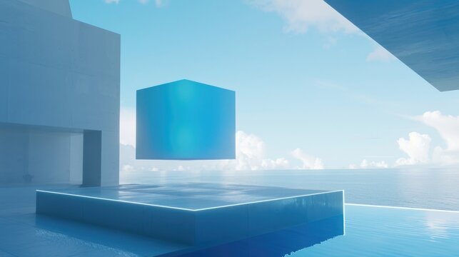 Blue cube floating in air above water building 3d landscape