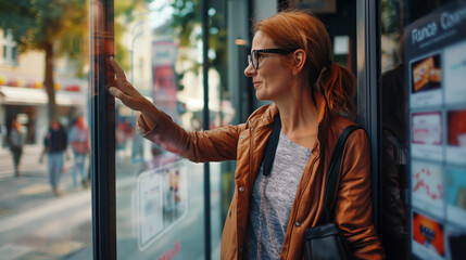 A woman with electric blue sunglasses is standing at a bus stop, looking at a screen while making a gesture. Her fun eyewear matches the city road shes about to travel on - obrazy, fototapety, plakaty