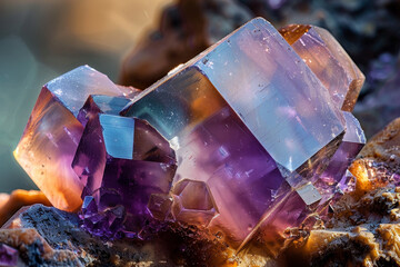 A purple crystal is sitting on a rock - obrazy, fototapety, plakaty