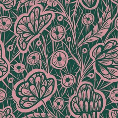 Seamless pattern with an ornament of decorative openwork flowers and lace with cobwebs, hand-drawn graphic pattern, texture. Suitable for interior, wallpaper, fabrics, clothing, stationery.