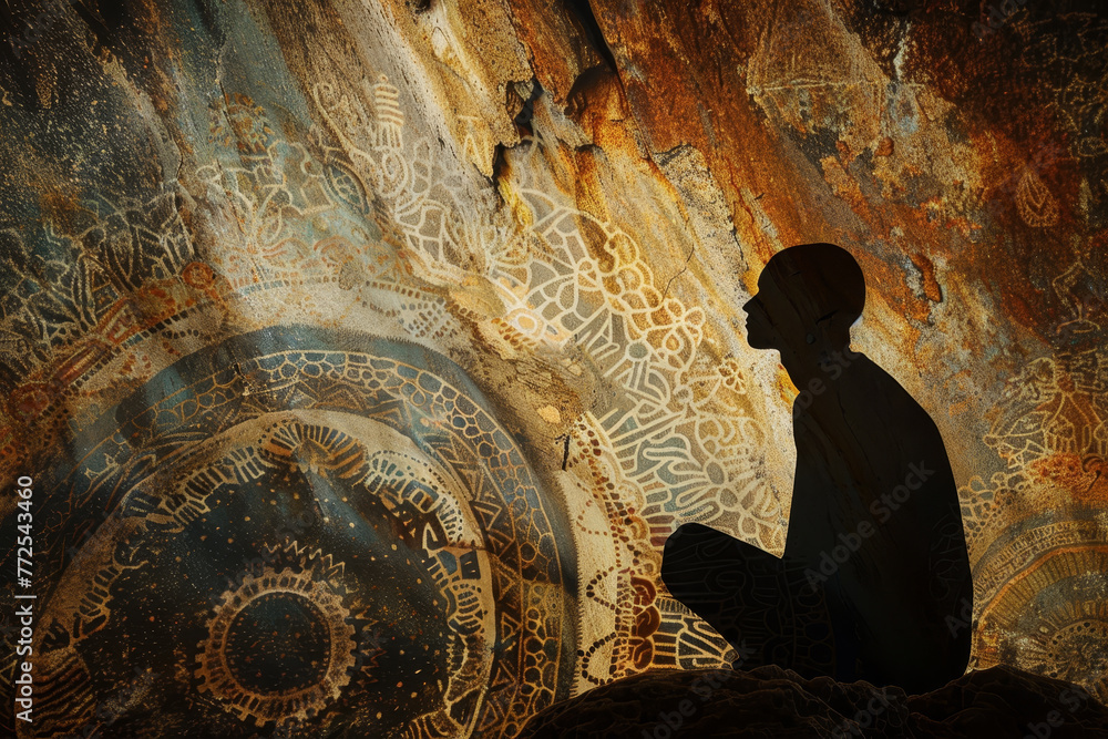 Poster a man is sitting on a rock in front of a wall with a circle on it