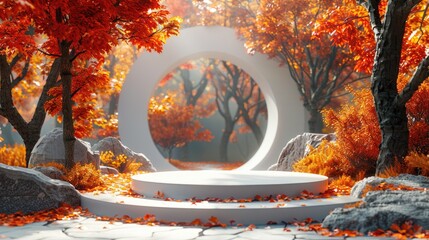 Empty circular white podium in middle of Fall or Autumn theme background, minimalist concept