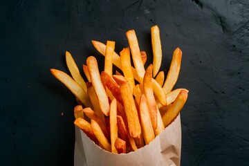 Hot crispy fries served in a paper bag against a dark backdrop