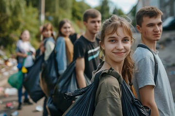 Fototapeta premium Group of young teenage volunteers with garbage bags