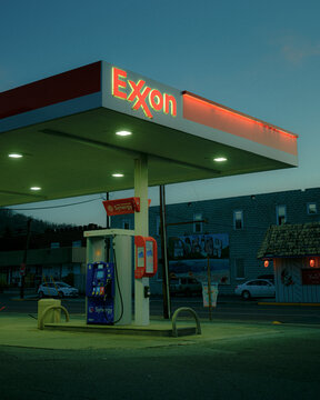 Exxon gas station at night in Marion, Virginia