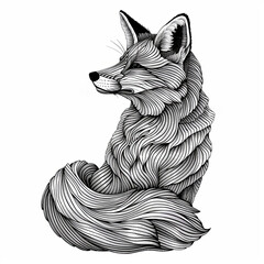 Fototapeta premium A close-up of the fox's face. Animalism. Imitation sketch print in black and white coloring. The animal is sitting. Design for cover, card, postcard, interior design, decor, print.