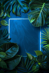 A neon frame surrounded by vibrant tropical leaves on an electric blue background, creating a lively and modern design for promotional materials or social media posts., focus stacking


