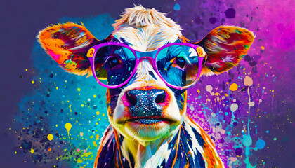 Vibrant pop art style portrait of a baby cow wearing sunglasses and paint splattering effect. AI...