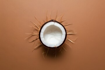 Minimalist presentation of coconut against brown background with copy space