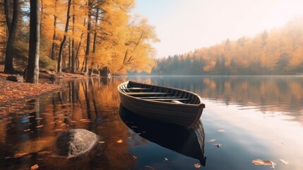 Colorful autumn landscape.Nature background.Boat on the lake in the autumnal forest - obrazy, fototapety, plakaty