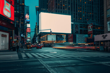 A city street at night with a large billboard in the background - obrazy, fototapety, plakaty