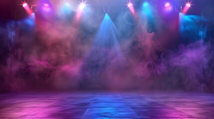 Empty Stage with Vibrant Lights and Smoke. Modern Concert Venue Atmosphere. Ideal Background for Event Promos. Dynamic and Colorful Stage Design. AI