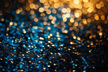 A shimmering, sequined background, catching light to reveal patterns in shades of blue and gold - obrazy, fototapety, plakaty