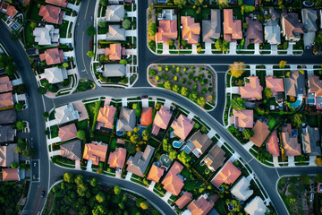 High-angle view of a neighborhood filled with numerous houses - obrazy, fototapety, plakaty