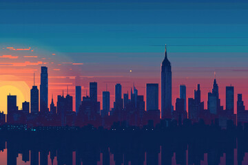 City skyline standing out in silhouette against a vibrant sunset sky