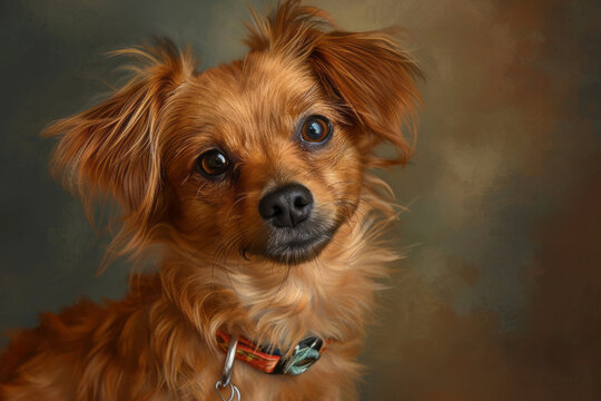 A small brown dog wearing a red collar standing on the grass - Powered by Adobe