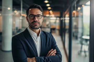 A man in a suit and glasses stands with his arms crossed